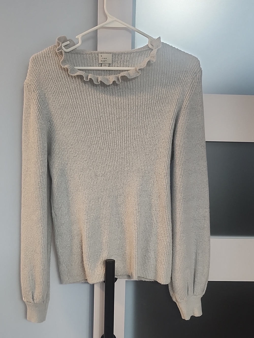 a new day Cream Ruffle-Trim Ribbed Long-Sleeve Sweater